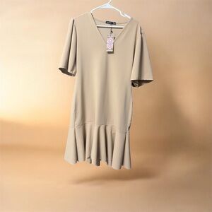 Boohoo Tan Flared Hem Dress